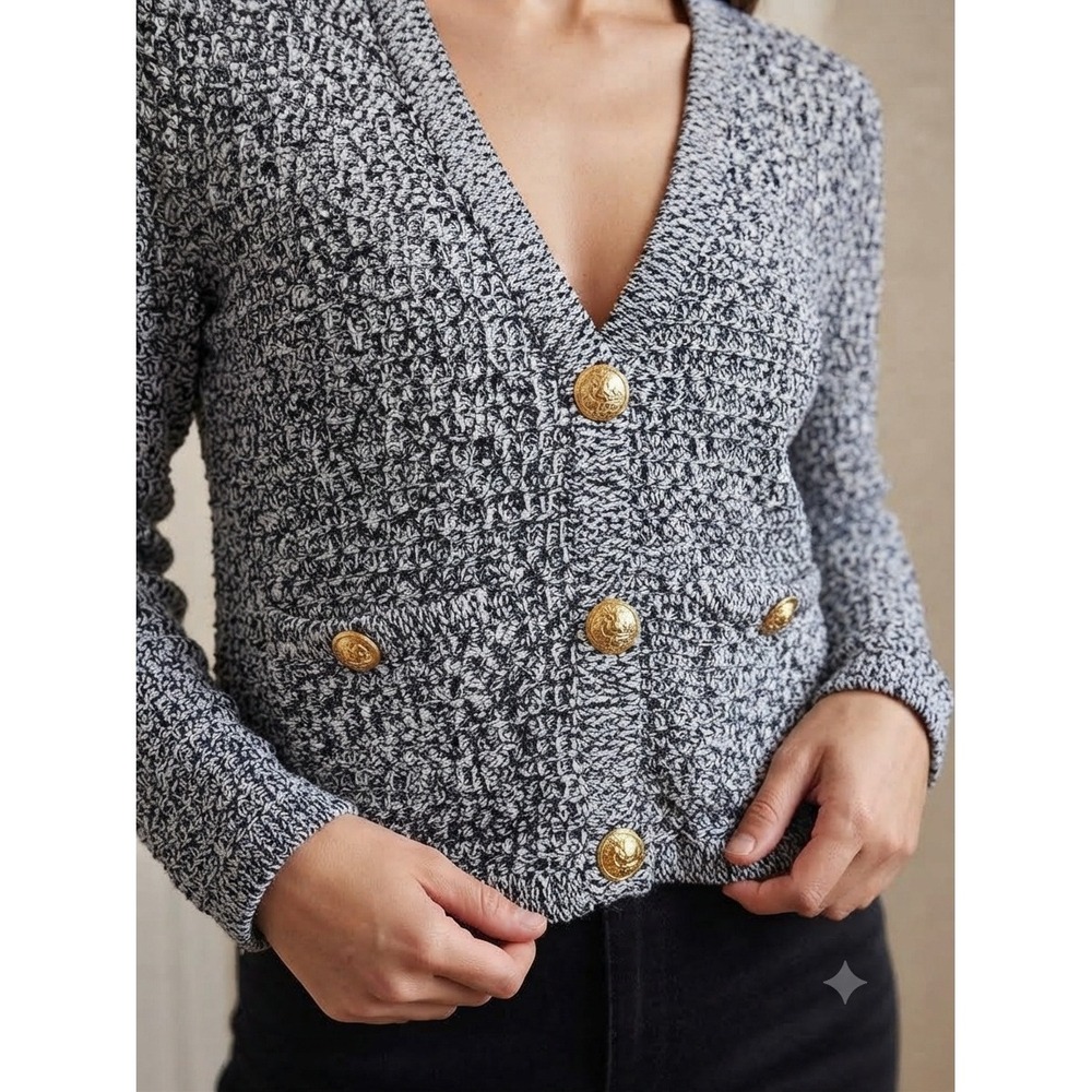 On 34th Womens Navy White Marled Cotton Cropped Cardigan Gold Crest Buttons S